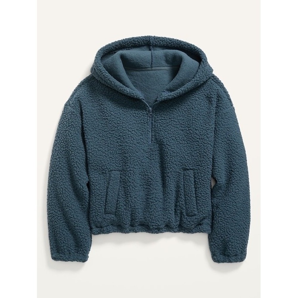 Old Navy Girl's Cozy Sherpa Quarter-Zip Pullover Hoodie Teal Blue L 10-12